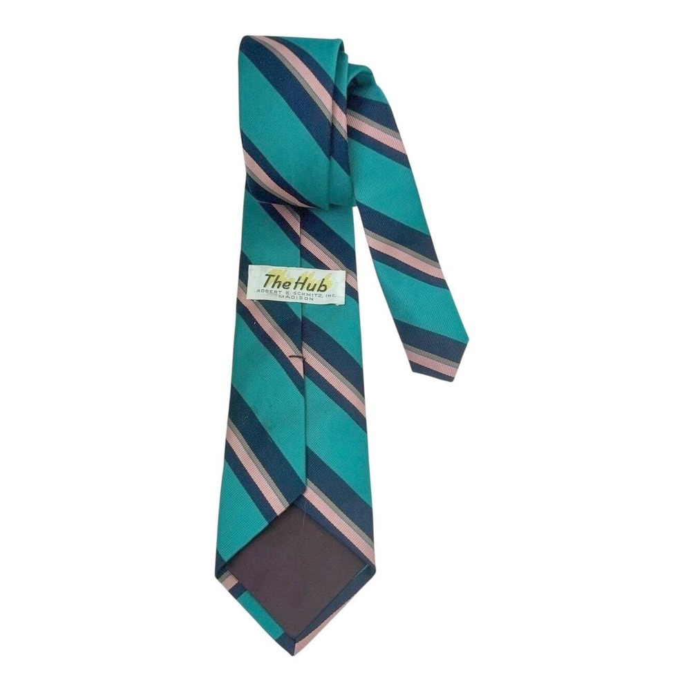 VTG 80s 90s Silk Tie The Hub Teal Pink Stripes Unisex Street Flamingo